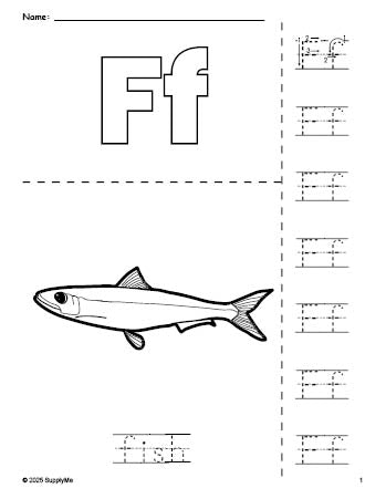 Free printable fish coloring page and letter tracing worksheet, letter f worksheet for preschool, pre-k, and kindergarten, PDF