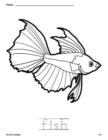 Free printable fish coloring page and word tracing worksheet, perfect for preschool, pre-k, and kindergarten, PDF