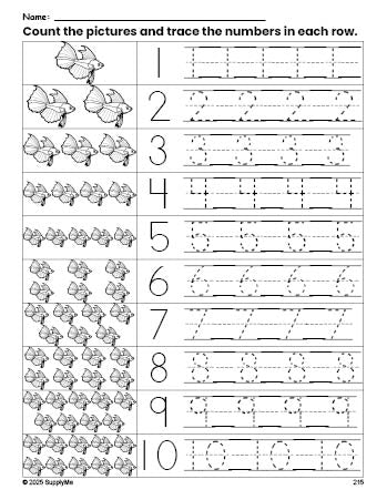 Free printable fish counting worksheet for preschool and pre-k with number tracing practice 1-10, PDF