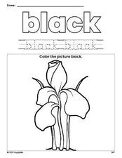 Free flower color black coloring page and color worksheet, black worksheet for preschoolers to learn colors, printable PDF