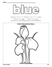 Free flower color blue coloring page and color worksheet, blue worksheet for preschoolers to learn colors, printable PDF