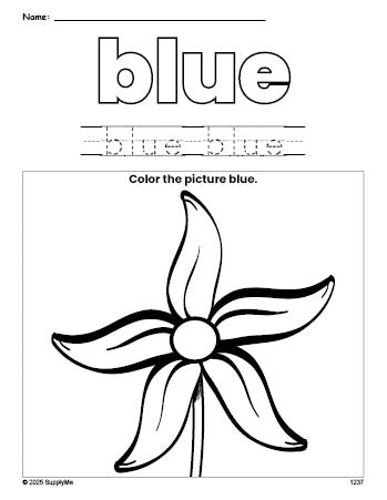 Free flower color blue coloring page and color worksheet, blue worksheet for preschoolers to learn colors, printable PDF