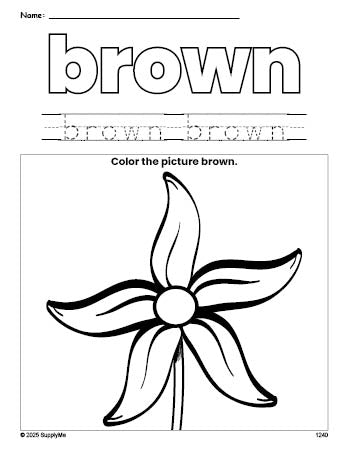 Free flower color brown coloring page and color worksheet, brown worksheet for preschoolers to learn colors, printable PDF