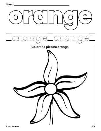 Free flower color orange coloring page and color worksheet, orange worksheet for preschoolers to learn colors, printable PDF