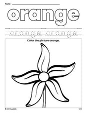 Free flower color orange coloring page and color worksheet, orange worksheet for preschoolers to learn colors, printable PDF