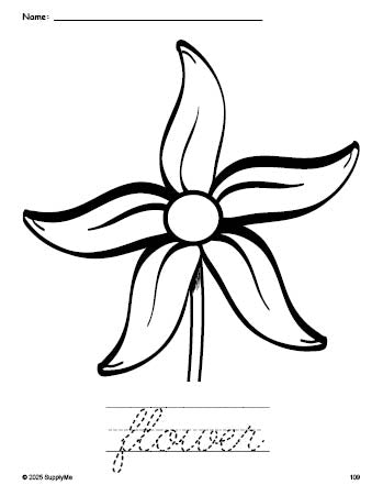 FREE Printable Flower Coloring Page and Cursive Word Tracing Worksheet ...