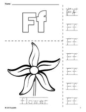 Free printable flower coloring page and letter tracing worksheet, letter f worksheet for preschool, pre-k, and kindergarten, PDF