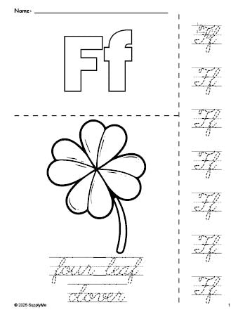 Free printable four leaf clover St. Patrick's Day coloring page and cursive letter tracing worksheet, letter f worksheet for preschool, pre-k, and kindergarten, PDF