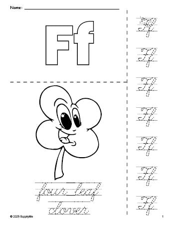 Free printable four leaf clover St. Patrick's Day coloring page and cursive letter tracing worksheet, letter f worksheet for preschool, pre-k, and kindergarten, PDF
