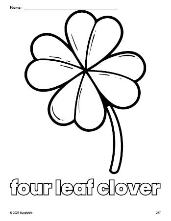 Free printable four leaf clover St. Patrick's Day coloring page for preschool, pre-k, and kindergarten, PDF