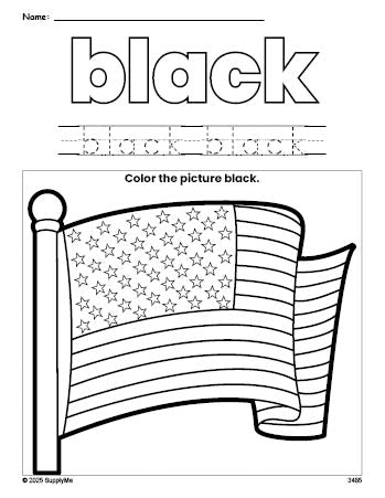 Free Fourth of July American Flag color black coloring page and color worksheet, black worksheet for preschoolers to learn colors, printable PDF