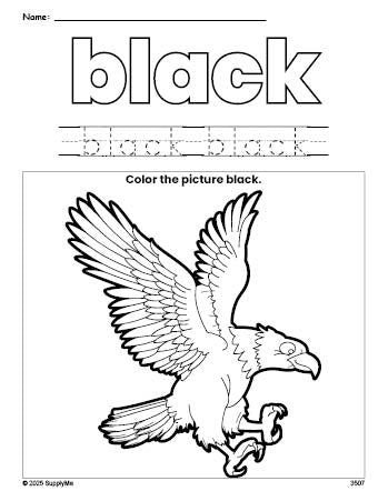 Free Fourth of July bald eagle color black coloring page and color worksheet, black worksheet for preschoolers to learn colors, printable PDF