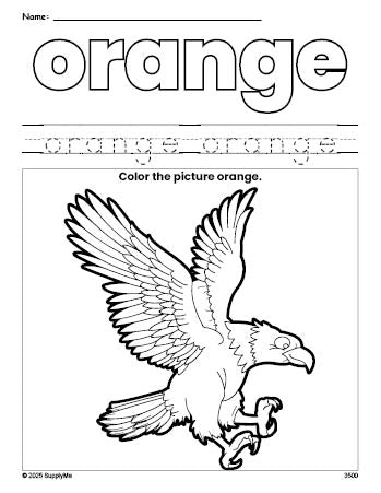 Free Fourth of July bald eagle color orange coloring page and color worksheet, orange worksheet for preschoolers to learn colors, printable PDF