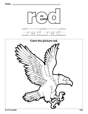 Free Fourth of July bald eagle color red coloring page and color worksheet, red worksheet for preschoolers to learn colors, printable PDF