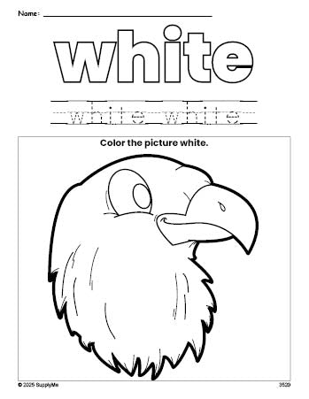 Free Fourth of July bald eagle color white coloring page and color worksheet, white worksheet for preschoolers to learn colors, printable PDF