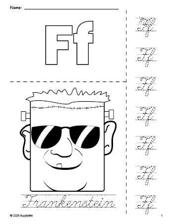 Free printable Frankenstein Halloween coloring page and cursive letter tracing worksheet, letter f worksheet for preschool, pre-k, and kindergarten, PDF