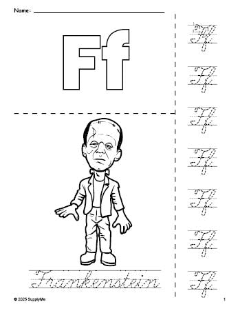 Free printable Frankenstein Halloween coloring page and cursive letter tracing worksheet, letter f worksheet for preschool, pre-k, and kindergarten, PDF