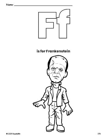 Free printable Frankenstein Halloween coloring page, letter f coloring page for preschool, pre-k, and kindergarten, PDF