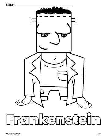 Free printable Frankenstein Halloween coloring page for preschool, pre-k, and kindergarten, PDF