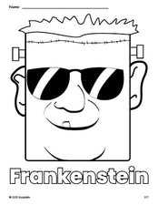 Free printable Frankenstein Halloween coloring page for preschool, pre-k, and kindergarten, PDF