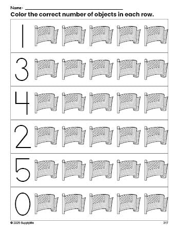 Free printable American Flag Fourth of July count and color worksheet for preschoolers, Fourth of July coloring page and counting worksheet numbers 0-5, PDF