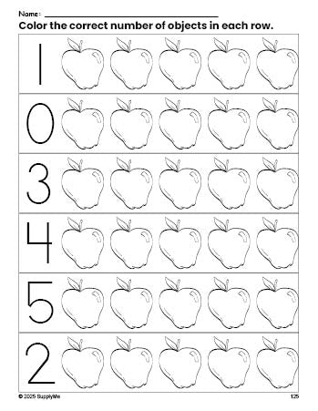 Free printable apple count and color worksheet for preschoolers, apple coloring page and counting worksheet numbers 0-5, PDF