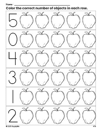 Free printable apple count and color worksheet for preschoolers, apple coloring page and counting worksheet numbers 0-5, PDF