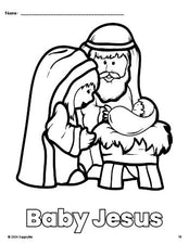 Free printable Baby Jesus Christmas coloring page for preschool, pre-k, and kindergarten