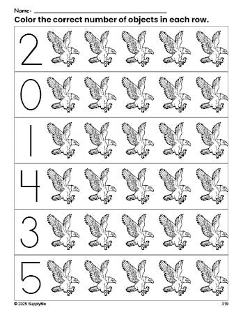 Free printable bald eagle Fourth of July count and color worksheet for preschoolers, Fourth of July coloring page and counting worksheet numbers 0-5, PDF
