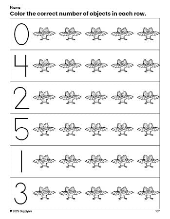 Free printable bat count and color worksheet for preschoolers, bat coloring page and counting worksheet numbers 0-5, PDF
