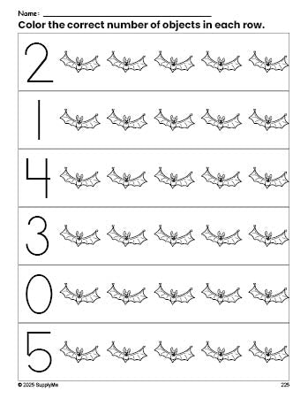 Free printable bat Halloween count and color worksheet for preschoolers, Halloween coloring page and counting worksheet numbers 0-5, PDF