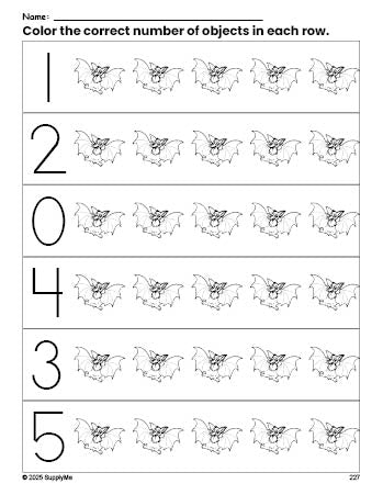 Free printable bat Halloween count and color worksheet for preschoolers, Halloween coloring page and counting worksheet numbers 0-5, PDF