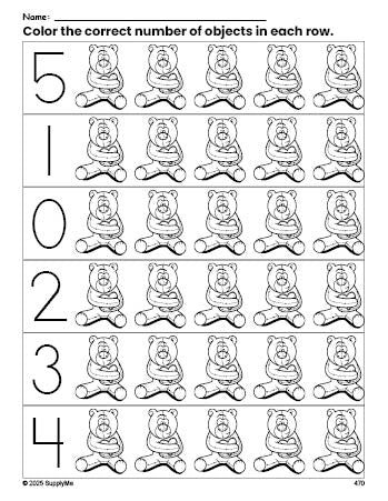 Free printable bear Valentine's Day count and color worksheet for preschoolers, Valentine's Day coloring page and counting worksheet numbers 0-5, PDF