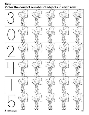 Free printable bear Valentine's Day count and color worksheet for preschoolers, Valentine's Day coloring page and counting worksheet numbers 0-5, PDF