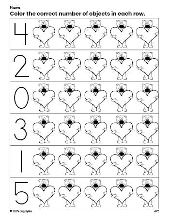 Free printable bear Valentine's Day count and color worksheet for preschoolers, Valentine's Day coloring page and counting worksheet numbers 0-5, PDF