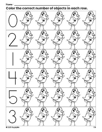 FREE Bird Count and Color Worksheet for Preschoolers, Bird Coloring ...