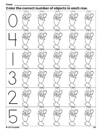 Free printable bouquet Valentine's Day count and color worksheet for preschoolers, Valentine's Day coloring page and counting worksheet numbers 0-5, PDF