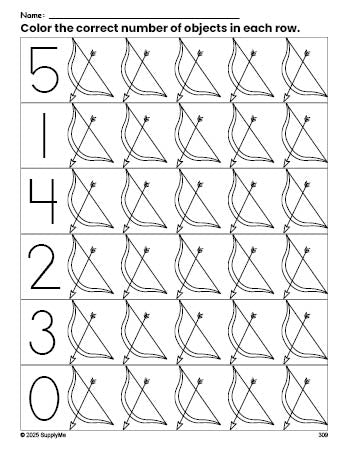 Free printable bow and arrow Valentine's Day count and color worksheet for preschoolers, Valentine's Day coloring page and counting worksheet numbers 0-5, PDF