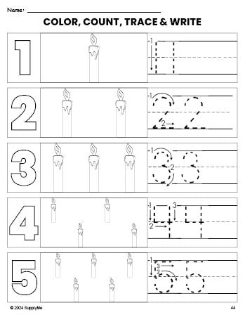 Free printable candle Christmas coloring page and number tracing worksheet, numbers 1-5 counting worksheet for preschool and pre-k