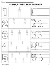 Free printable candle Christmas coloring page and number tracing worksheet, numbers 1-5 counting worksheet for preschool and pre-k
