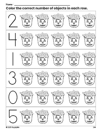 Free printable candy Halloween count and color worksheet for preschoolers, Halloween coloring page and counting worksheet numbers 0-5, PDF