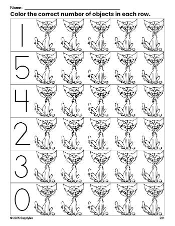 Free printable cat Halloween count and color worksheet for preschoolers, Halloween coloring page and counting worksheet numbers 0-5, PDF