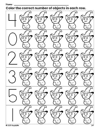 Free printable cat Halloween count and color worksheet for preschoolers, Halloween coloring page and counting worksheet numbers 0-5, PDF