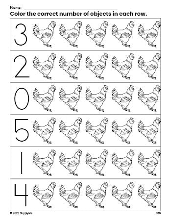 FREE Chicken Count and Color Worksheet for Preschoolers, Chicken ...