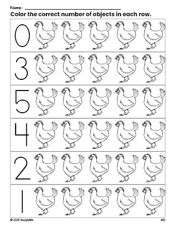 Free printable chicken count and color worksheet for preschoolers, chicken coloring page and counting worksheet numbers 0-5, PDF