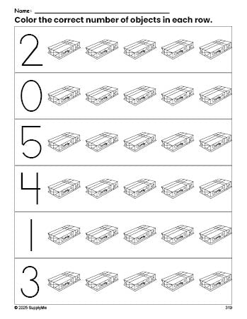 Free printable chocolates Valentine's Day count and color worksheet for preschoolers, Valentine's Day coloring page and counting worksheet numbers 0-5, PDF