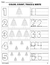 Free printable Christmas tree Christmas coloring page and number tracing worksheet, numbers 1-5 counting worksheet for preschool and pre-k