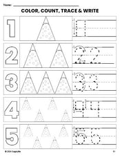 Free printable Christmas tree Christmas coloring page and number tracing worksheet, numbers 1-5 counting worksheet for preschool and pre-k