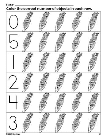 Free printable corn Thanksgiving count and color worksheet for preschoolers, Thanksgiving coloring page and counting worksheet numbers 0-5, PDF