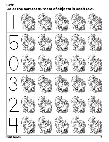 Free printable cornucopia Thanksgiving count and color worksheet for preschoolers, Thanksgiving coloring page and counting worksheet numbers 0-5, PDF
